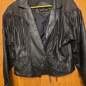 Berman’s Vintage Fringe Leather Biker Jacket Size Small Black Leather Preowned